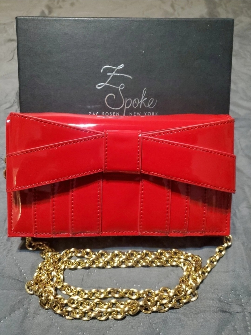 Z Spoke by Zac Posen Bright Red Patent Bow Crossbody with Gold Chain